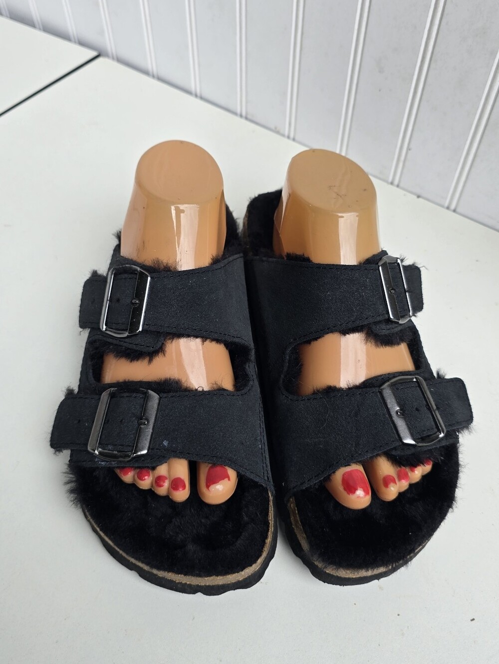 Royal Class Shoes Sz 8 Suede Leather Faux Fur Footbed Sandals Adjustable Brown